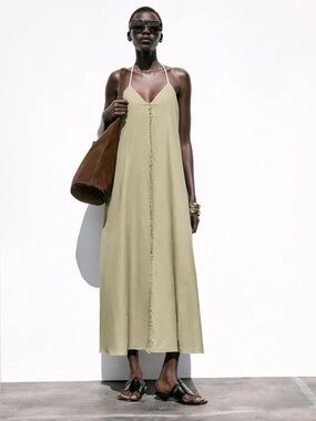 ZARA Linen Blend Olive Slip Maxi Dress with Rope Straps. S NWT